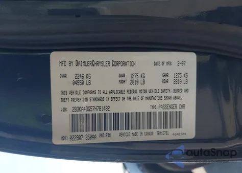 2007 Dodge Charger z USA, uszkodzony, nr VIN 2B3KA43G57H781482